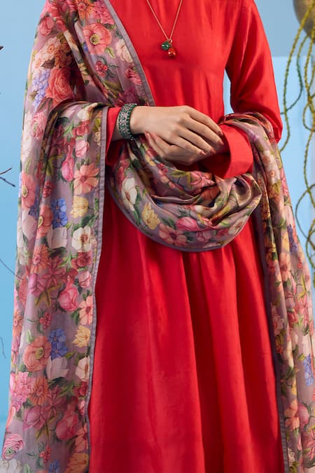 Surmaye_Red Handloom Cotton, Silk Embroidery Round Vibrant Charm Hem Anarkali Pant Set _at_Aza_Fashions