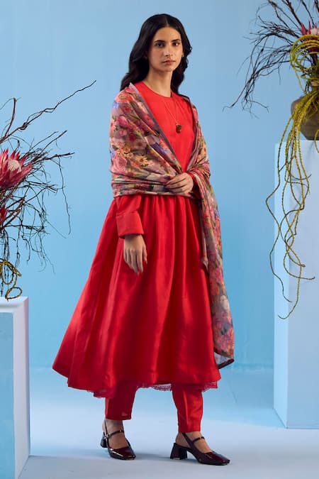 Buy_Surmaye_Red Handloom Cotton, Silk Embroidery Round Vibrant Charm Hem Anarkali Pant Set 