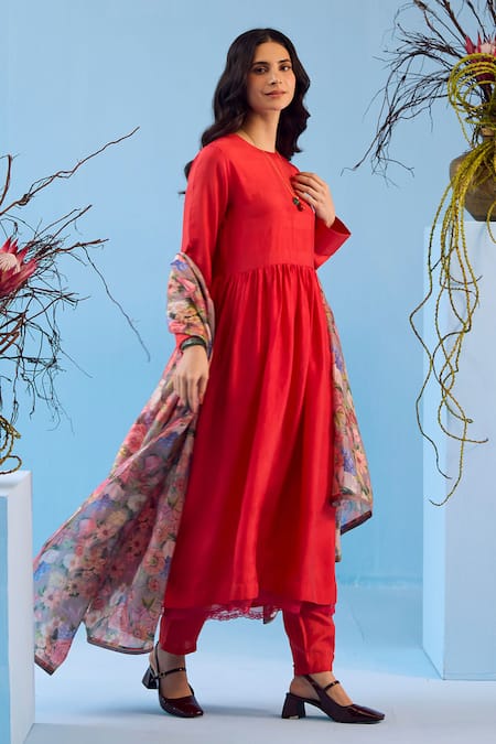 Shop_Surmaye_Red Handloom Cotton, Silk Embroidery Round Vibrant Charm Hem Anarkali Pant Set 