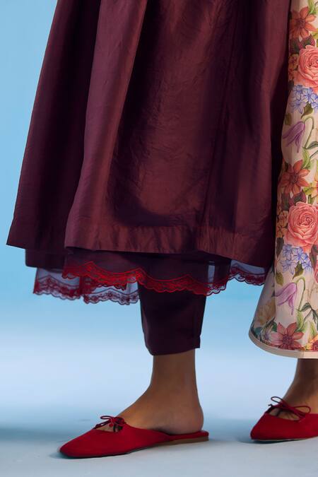 Shop_Surmaye_Maroon Silk Round Neck Vibrant Charm Flared Anarkali Pant Set _Online_at_Aza_Fashions