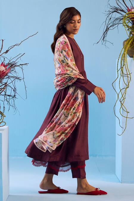 Surmaye_Maroon Silk Round Neck Vibrant Charm Flared Anarkali Pant Set _at_Aza_Fashions