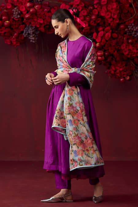 Surmaye_Purple Silk Embroidery Round Neck Vibrant Charm Anarkali And Pant Set _Online_at_Aza_Fashions