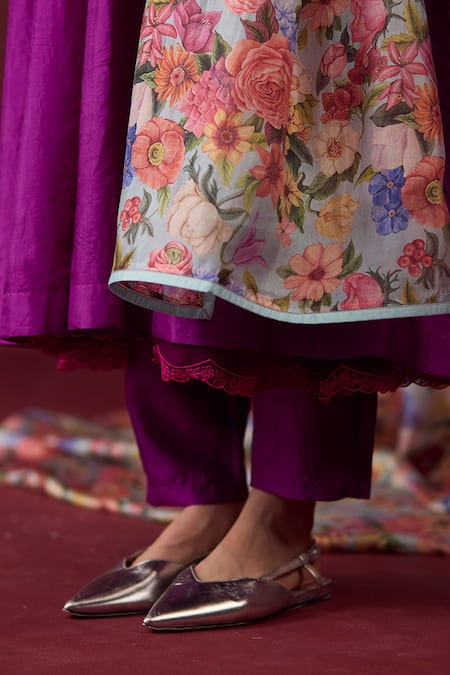 Buy_Surmaye_Purple Silk Embroidery Round Neck Vibrant Charm Anarkali And Pant Set _Online_at_Aza_Fashions