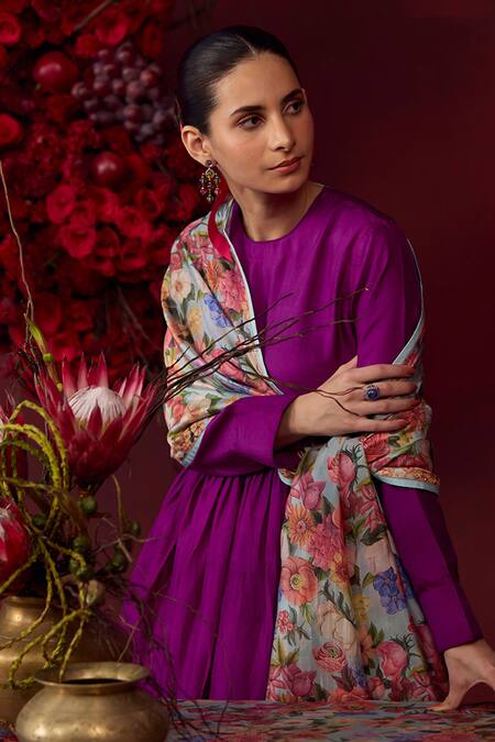 Shop_Surmaye_Purple Silk Embroidery Round Neck Vibrant Charm Anarkali And Pant Set _Online_at_Aza_Fashions