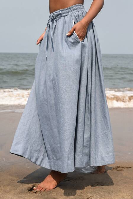 Shop Nirvanaa_Blue Linen Embroidery Verve Maxi Skirt _Online_at_Aza_Fashions