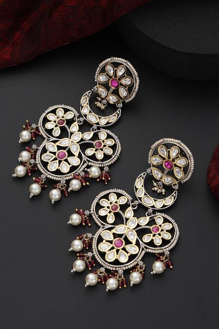 Swabhimann_Red Pearls, Cut Work Polki Studded Floral Chandbali Dangler _Online_at_Aza_Fashions