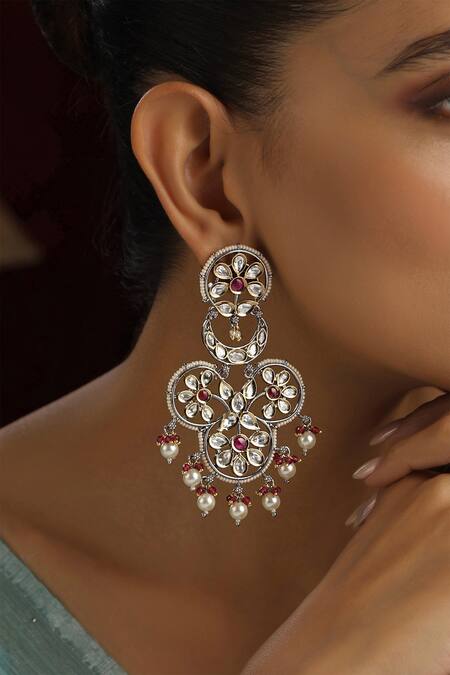 Buy_Swabhimann_Red Pearls, Cut Work Polki Studded Floral Chandbali Dangler _Online_at_Aza_Fashions