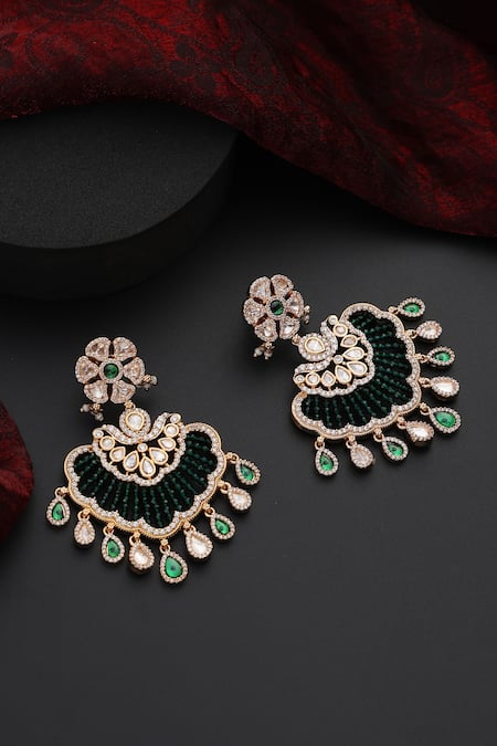 Shop Swabhimann Green Stones, Beads, Diamonds Polki Studded Floral Scallop Chandbali at Aza Fashions Shop_Swabhimann_Green Stones, Beads, Diamonds Polki Studded Floral Scallop Chandbali _at_Aza_Fashions
