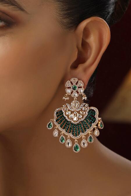Swabhimann Green Stones, Beads, Diamonds Polki Studded Floral Scallop Chandbali Online at Aza Fashions Swabhimann_Green Stones, Beads, Diamonds Polki Studded Floral Scallop Chandbali _Online_at_Aza_Fashions