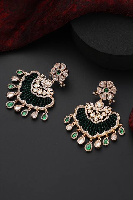 Buy Swabhimann Green Stones, Beads, Diamonds Polki Studded Floral Scallop Chandbali Online at Aza Fashions Buy_Swabhimann_Green Stones, Beads, Diamonds Polki Studded Floral Scallop Chandbali _Online_at_Aza_Fashions