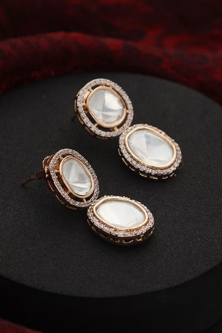Shop Swabhimann Rose Gold Crystals, Stones Polki Studded Danglers at Aza Fashions Shop_Swabhimann_Rose Gold Crystals, Stones Polki Studded Danglers _at_Aza_Fashions