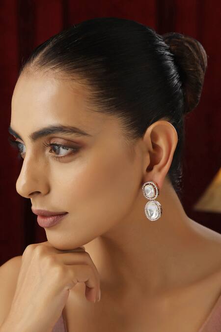 Shop Swabhimann Rose Gold Crystals, Stones Polki Studded Danglers Online at Aza Fashions Shop_Swabhimann_Rose Gold Crystals, Stones Polki Studded Danglers _Online_at_Aza_Fashions