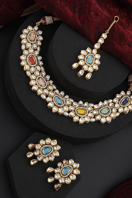 Swabhimann_Stones, Diamonds Flower Kundan Studded Choker Set _Online_at_Aza_Fashions