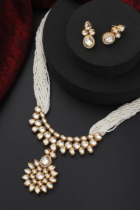 Swabhimann White Beads, Diamonds Flower Kundan Studded Necklace Set Online at Aza Fashions Swabhimann_White Beads, Diamonds Flower Kundan Studded Necklace Set _Online_at_Aza_Fashions