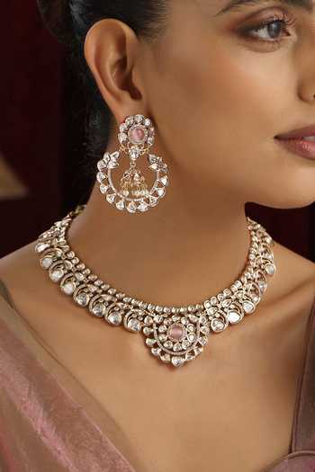Swabhimann Pink Stones Kundan Studded Floral Scallop Choker Set Online at Aza Fashions Swabhimann_Pink Stones Kundan Studded Floral Scallop Choker Set _Online_at_Aza_Fashions