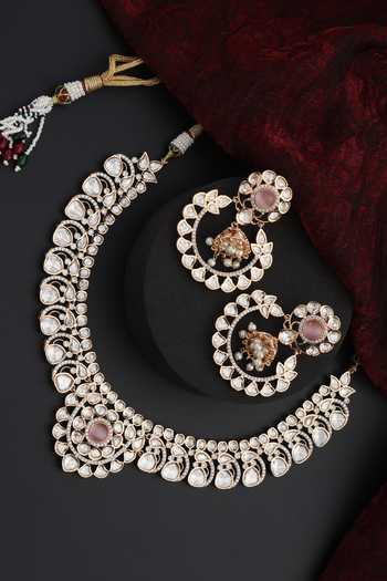 Buy Swabhimann Pink Stones Kundan Studded Floral Scallop Choker Set Online at Aza Fashions Buy_Swabhimann_Pink Stones Kundan Studded Floral Scallop Choker Set _Online_at_Aza_Fashions