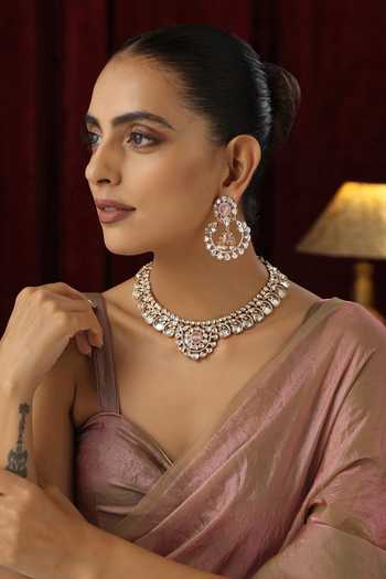 Shop Swabhimann Pink Stones Kundan Studded Floral Scallop Choker Set Online at Aza Fashions Shop_Swabhimann_Pink Stones Kundan Studded Floral Scallop Choker Set _Online_at_Aza_Fashions