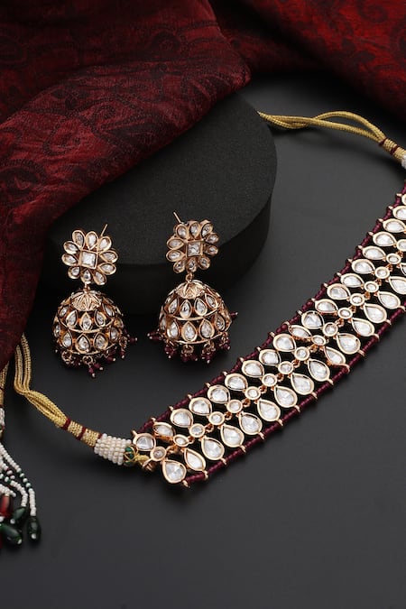 Swabhimann_Red Stones, Beads Vine Polki Studded Choker Set_Online_at_Aza_Fashions