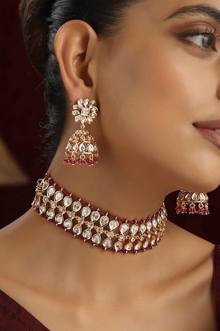 Buy_Swabhimann_Red Stones, Beads Vine Polki Studded Choker Set_Online_at_Aza_Fashions