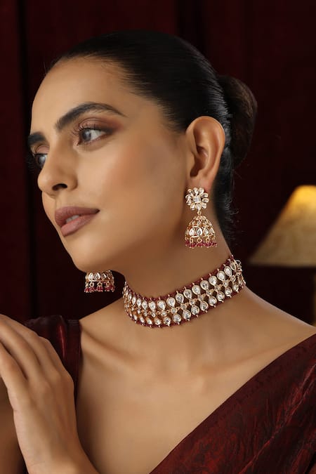 Shop_Swabhimann_Red Stones, Beads Vine Polki Studded Choker Set_Online_at_Aza_Fashions