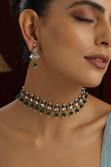 Buy Swabhimann Green Beads, Diamonds Polki Studded Floral Bar Choker Set Online at Aza Fashions Buy_Swabhimann_Green Beads, Diamonds Polki Studded Floral Bar Choker Set _Online_at_Aza_Fashions