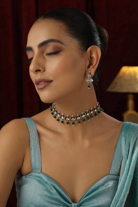 Shop Swabhimann Green Beads, Diamonds Polki Studded Floral Bar Choker Set Online at Aza Fashions Shop_Swabhimann_Green Beads, Diamonds Polki Studded Floral Bar Choker Set _Online_at_Aza_Fashions
