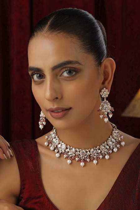 SWABHIMANN Red Polki Studded Drop Leaf Choker Set 