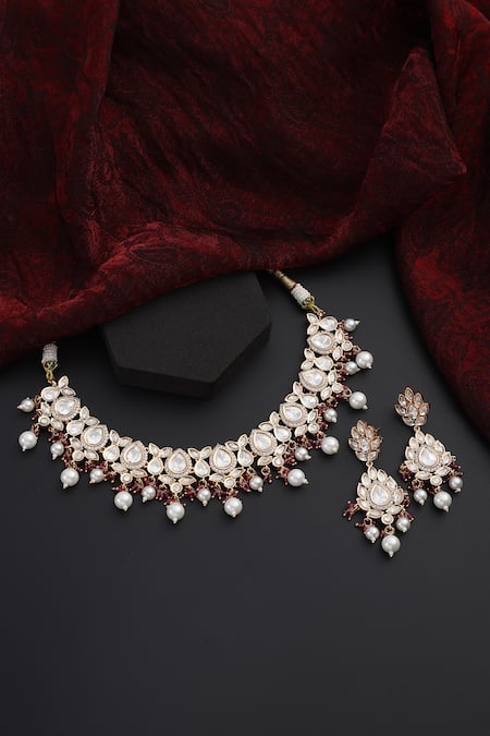 Shop Swabhimann Red Beads, Stones, Pearls Polki Studded Drop Leaf Choker Set at Aza Fashions Shop_Swabhimann_Red Beads, Stones, Pearls Polki Studded Drop Leaf Choker Set _at_Aza_Fashions