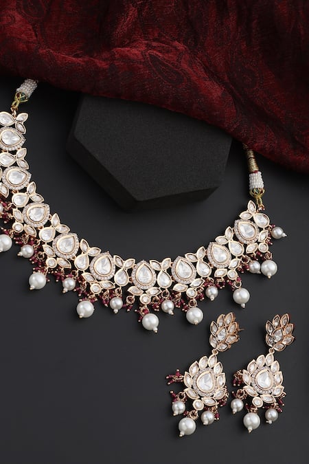 Swabhimann Red Beads, Stones, Pearls Polki Studded Drop Leaf Choker Set Online at Aza Fashions Swabhimann_Red Beads, Stones, Pearls Polki Studded Drop Leaf Choker Set _Online_at_Aza_Fashions