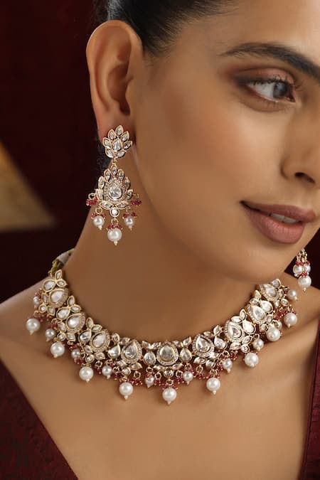 Buy Swabhimann Red Beads, Stones, Pearls Polki Studded Drop Leaf Choker Set Online at Aza Fashions Buy_Swabhimann_Red Beads, Stones, Pearls Polki Studded Drop Leaf Choker Set _Online_at_Aza_Fashions