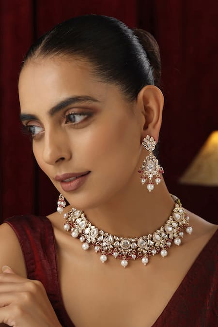 Shop Swabhimann Red Beads, Stones, Pearls Polki Studded Drop Leaf Choker Set Online at Aza Fashions Shop_Swabhimann_Red Beads, Stones, Pearls Polki Studded Drop Leaf Choker Set _Online_at_Aza_Fashions