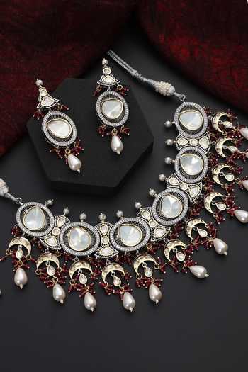 Swabhimann_Red Stones, Beads Polki Studded Geometric Choker Set _Online_at_Aza_Fashions