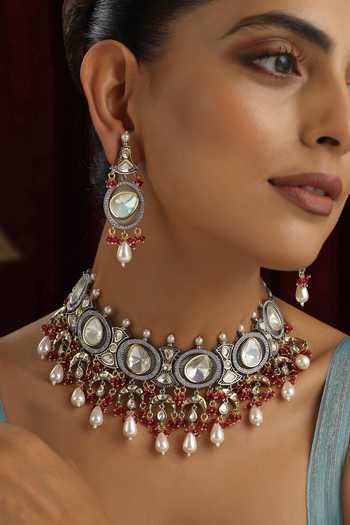 Buy_Swabhimann_Red Stones, Beads Polki Studded Geometric Choker Set _Online_at_Aza_Fashions