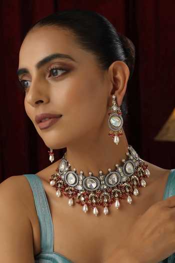 Shop_Swabhimann_Red Stones, Beads Polki Studded Geometric Choker Set _Online_at_Aza_Fashions