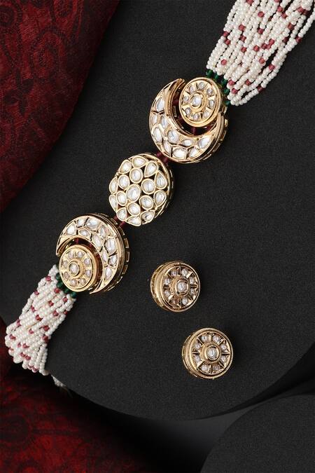 Swabhimann_Red Diamonds, Beads Polki Studded Half Moon Choker Set _Online_at_Aza_Fashions