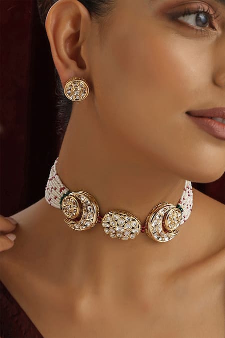 Buy_Swabhimann_Red Diamonds, Beads Polki Studded Half Moon Choker Set _Online_at_Aza_Fashions