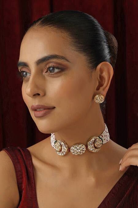 Shop_Swabhimann_Red Diamonds, Beads Polki Studded Half Moon Choker Set _Online_at_Aza_Fashions