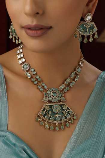 Buy_Swabhimann_Green Stones, Diamonds Polki Studded Floral Necklace Set _Online_at_Aza_Fashions