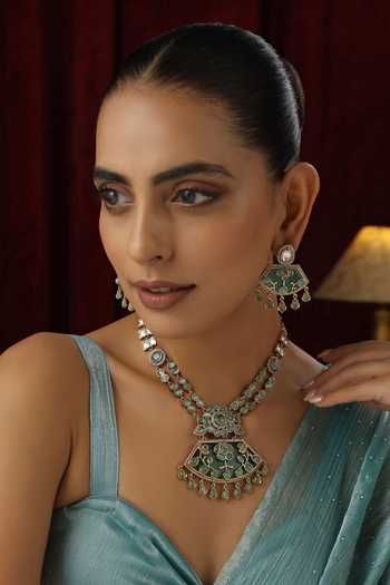 Shop_Swabhimann_Green Stones, Diamonds Polki Studded Floral Necklace Set _Online_at_Aza_Fashions