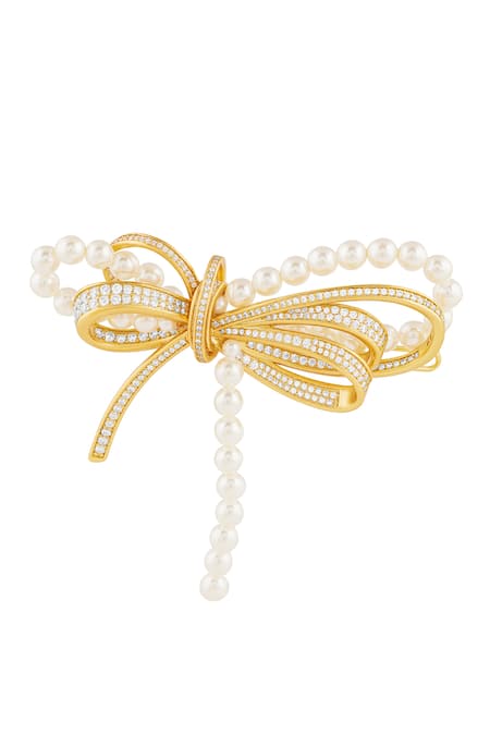 Shop_Isharya_Gold Pearl Demure Bow Hair Pin _at_Aza_Fashions