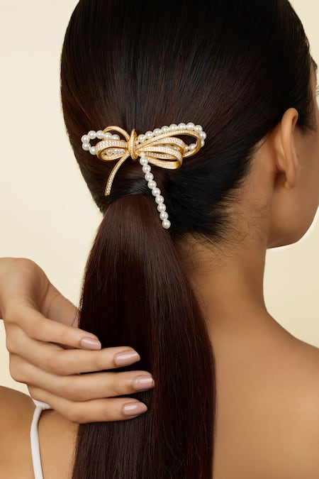 Isharya_Gold Pearl Demure Bow Hair Pin _Online_at_Aza_Fashions