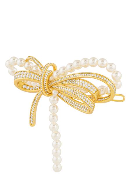 Buy_Isharya_Gold Pearl Demure Bow Hair Pin _Online_at_Aza_Fashions