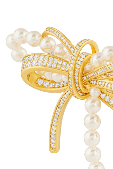 Shop_Isharya_Gold Pearl Demure Bow Hair Pin _Online_at_Aza_Fashions
