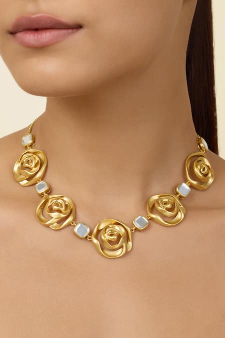 Isharya_Green Festive Rose Collar Necklace _Online_at_Aza_Fashions