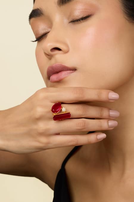 Isharya Red Diamonds, Stones Ruby Rosette Open Ring Online at Aza Fashions Isharya_Red Diamonds, Stones Ruby Rosette Open Ring _Online_at_Aza_Fashions