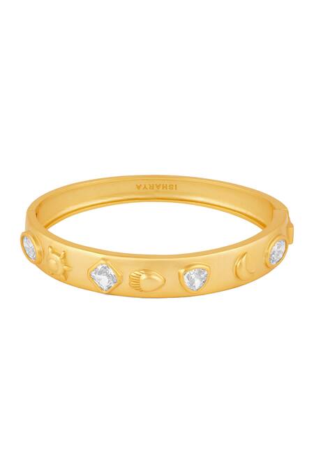 Shop Isharya Gold Plated Stones Mirror Oval Hinge Bangle at Aza Fashions Shop_Isharya_Gold Plated Stones Mirror Oval Hinge Bangle_at_Aza_Fashions
