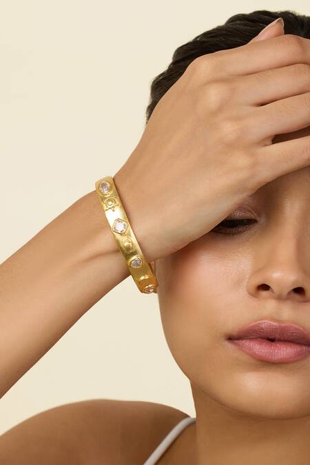 Isharya Gold Plated Stones Mirror Oval Hinge Bangle Online at Aza Fashions Isharya_Gold Plated Stones Mirror Oval Hinge Bangle_Online_at_Aza_Fashions