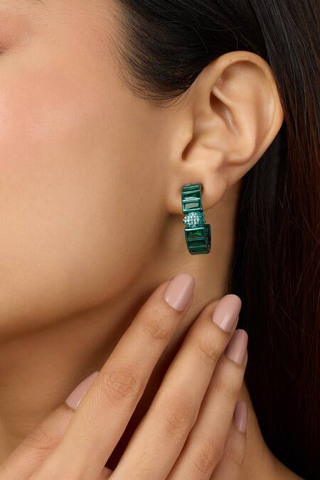 Isharya_Green Crystals, Stones Petit Doublet Hoops_Online_at_Aza_Fashions