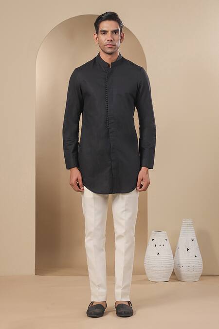 Raw & Rustic By Niti Bothra Black Chanderi, Silk Benarasi Short Kurta Online at Aza Fashions Raw & Rustic By Niti Bothra_Black Chanderi, Silk Benarasi Short Kurta _Online_at_Aza_Fashions