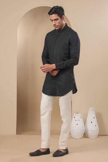 Shop Raw & Rustic By Niti Bothra Black Chanderi, Silk Benarasi Short Kurta Online at Aza Fashions Shop_Raw & Rustic By Niti Bothra_Black Chanderi, Silk Benarasi Short Kurta _Online_at_Aza_Fashions